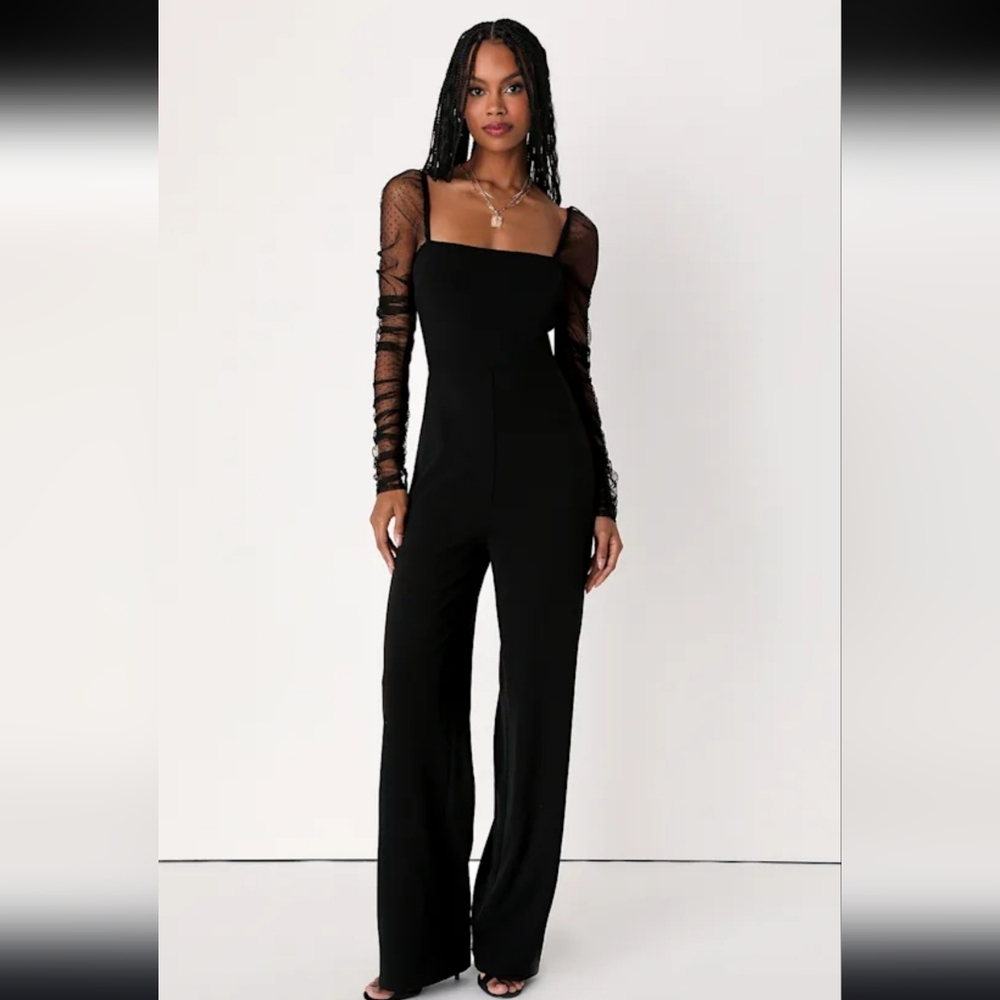 Lulus Made to Amaze Black Dotted Mesh Long Sleeve Jumpsuit